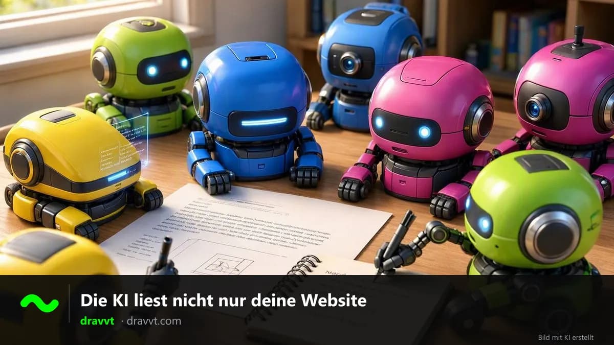 Bunte kleine Roboter lesen Blätter und machen sich Notizen, mit dem Titel „Die KI liest nicht nur deine Website“ und dem Logo von dravvt
