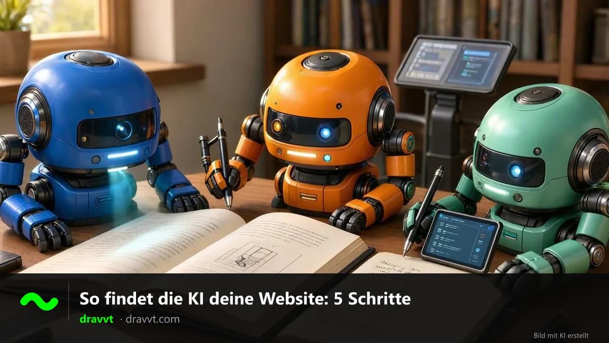 Drei Roboter lernen am Schreibtisch mit Büchern und Tablets, mit dem Titel „So findet die KI deine Website: 5 Schritte“ und dem Logo von dravvt