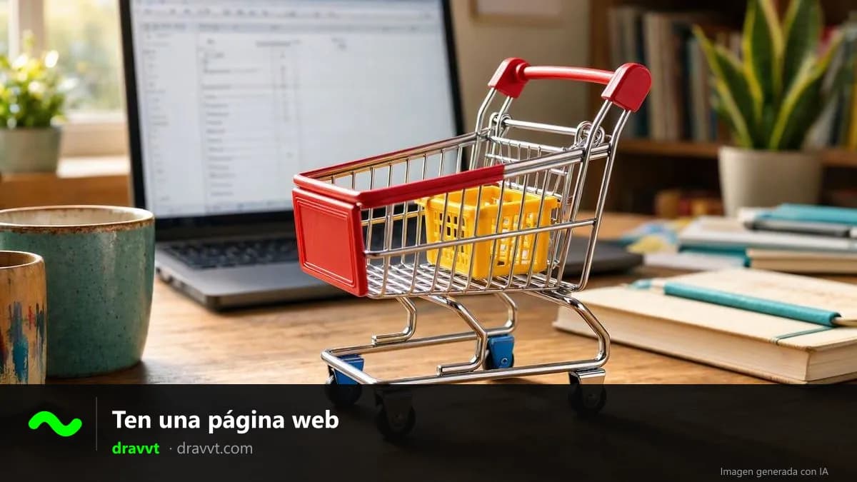 Un carrito de compras de juguete frente a un portátil sobre un escritorio, con el título «Ten una página web» y el logo de dravvt