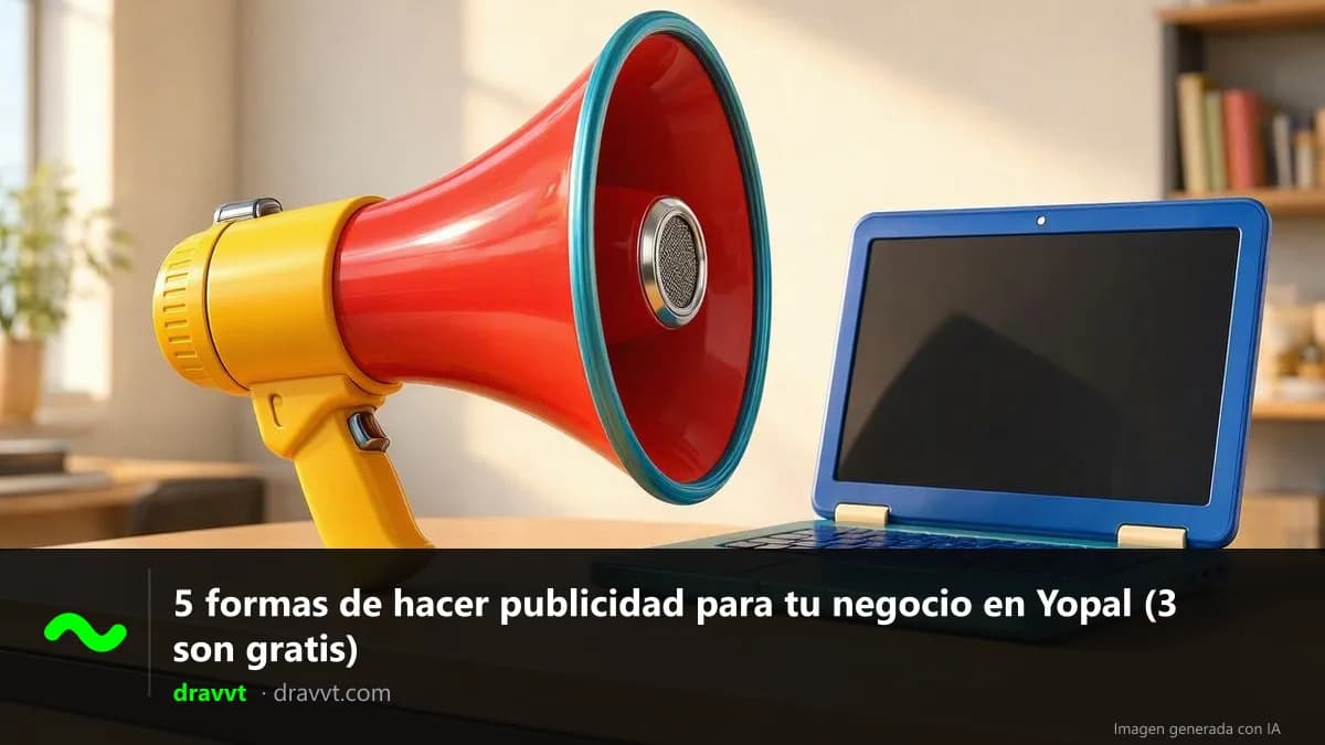 Un megáfono rojo y amarillo junto a un portátil sobre un escritorio, con el título «5 formas de hacer publicidad para tu negocio en Yopal (3 son gratis)» y el logo de dravvt