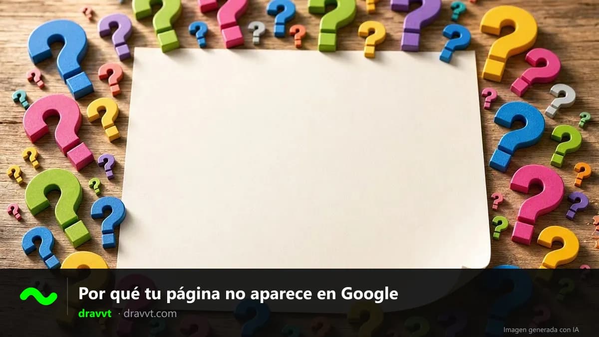 Una hoja en blanco rodeada de signos de interrogación de colores, con el título «Por qué tu página no aparece en Google» y el logo de dravvt