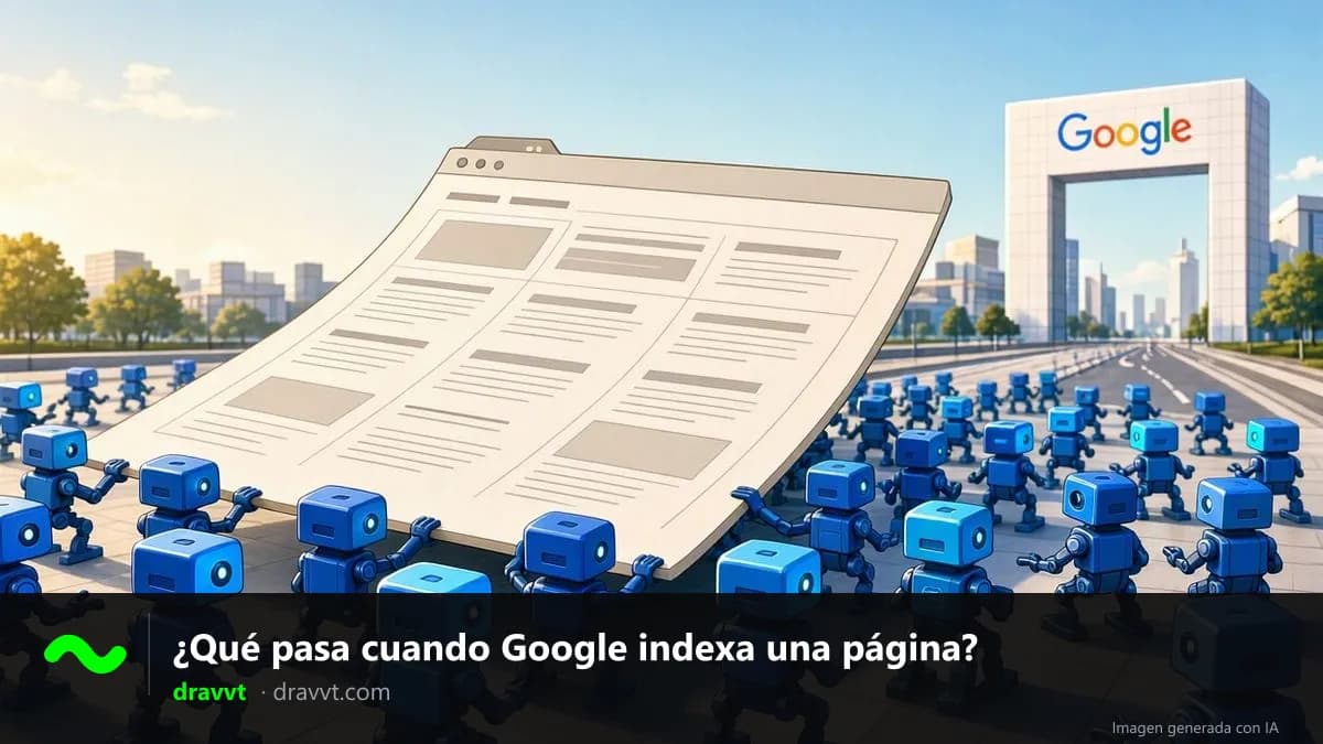 Muchos robots pequeños llevan una página web gigante hacia un edificio con el logo de Google, con el título «¿Qué pasa cuando Google indexa una página?» y el logo de dravvt