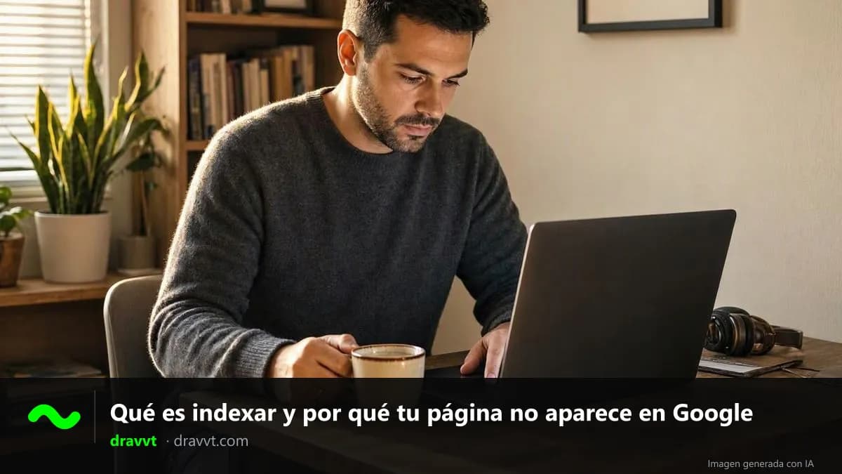 Un hombre revisa su página web en un portátil con una taza de café, con el título «Qué es indexar y por qué tu página no aparece en Google» y el logo de dravvt