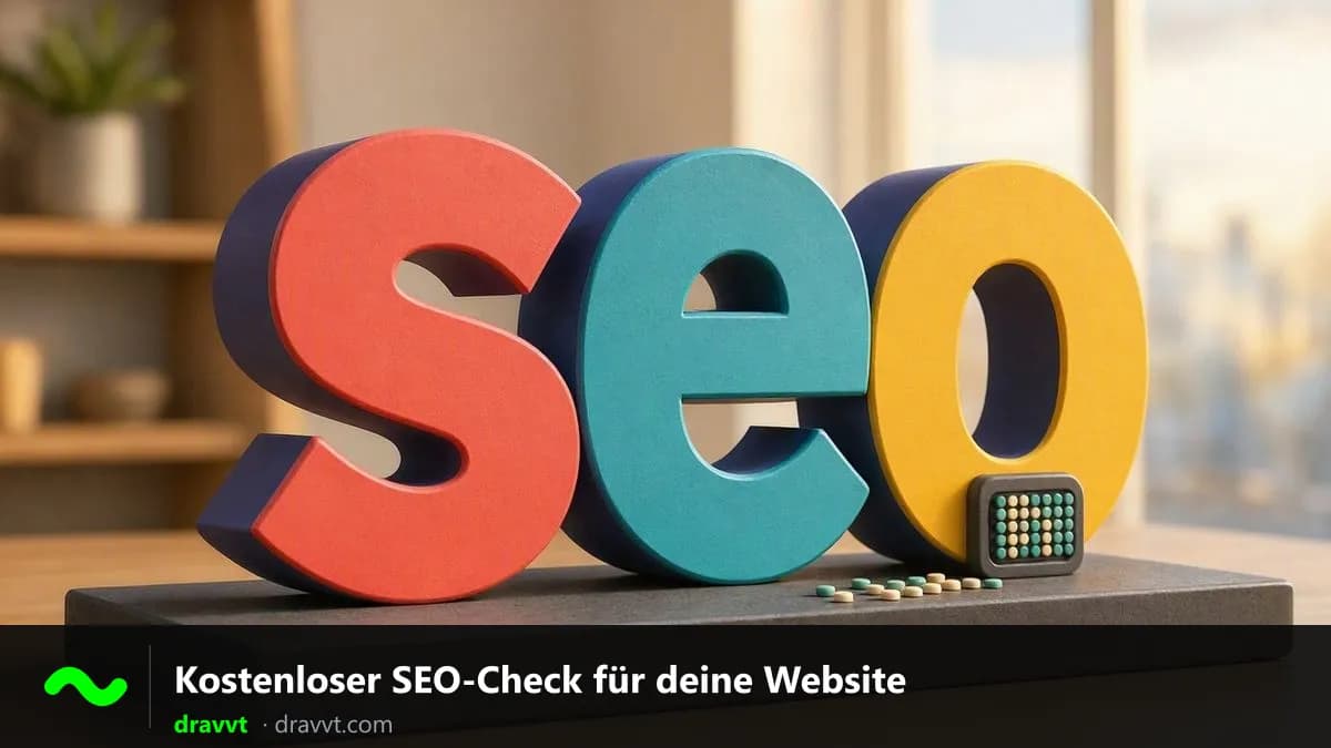Die Buchstaben SEO in 3D auf einem Schreibtisch, mit einem kleinen Leuchtdisplay, mit dem Titel „Kostenloser SEO-Check für deine Website“ und dem dravvt-Logo