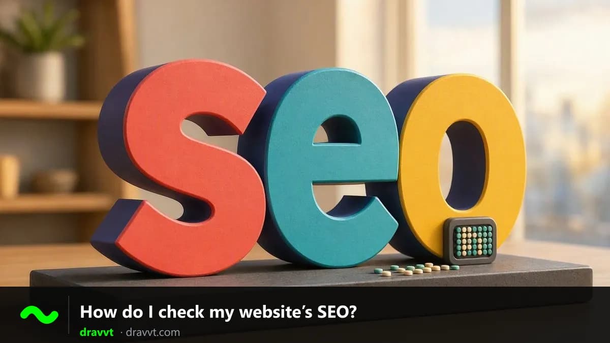 The letters SEO in 3D on a desk, with a small light-up screen, with the title “How do I check my website’s SEO?” and the dravvt logo