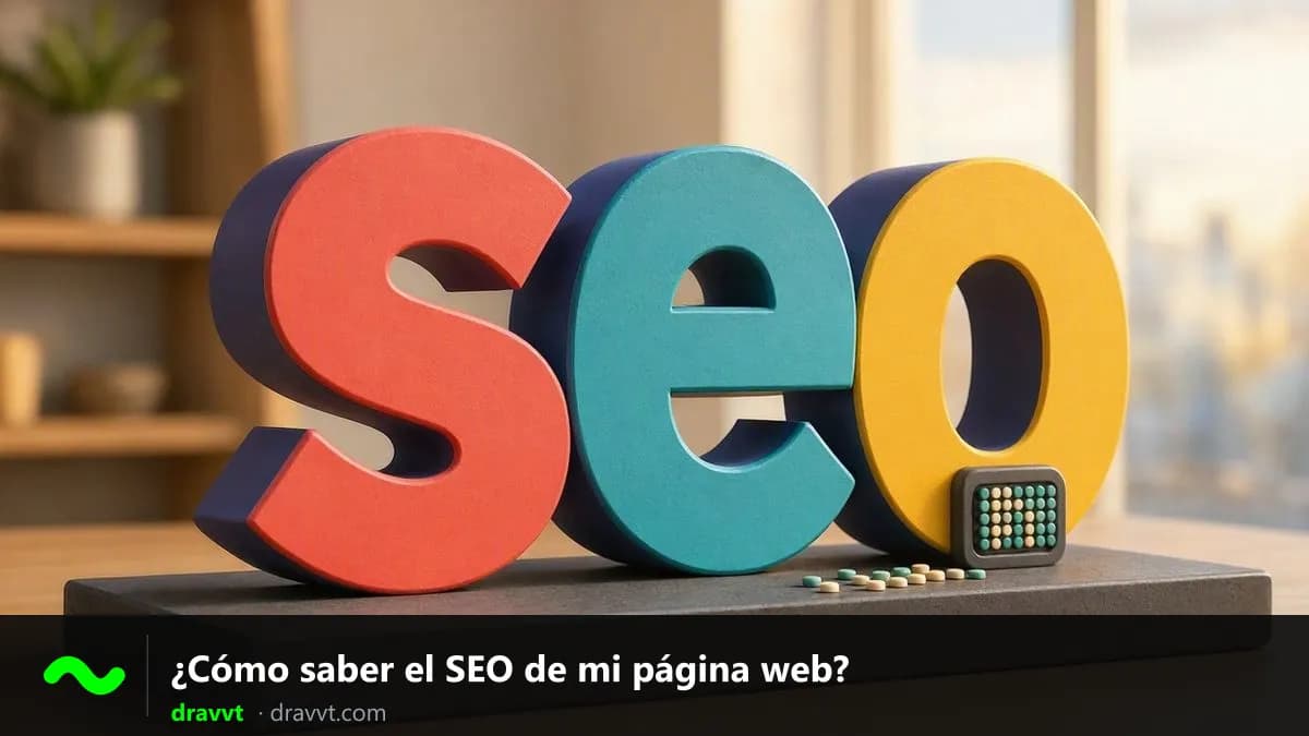 Las letras SEO en 3D sobre un escritorio, con una pequeña pantalla de luces, con el título «¿Cómo saber el SEO de mi página web?» y el logo de dravvt