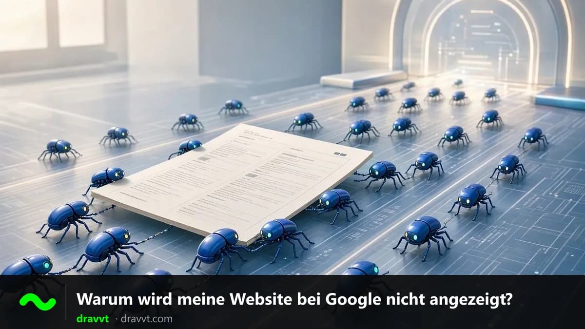 Viele kleine Roboter in Käferform tragen eine Webseite, mit dem Titel „Warum wird meine Website bei Google nicht angezeigt?“ und dem dravvt-Logo