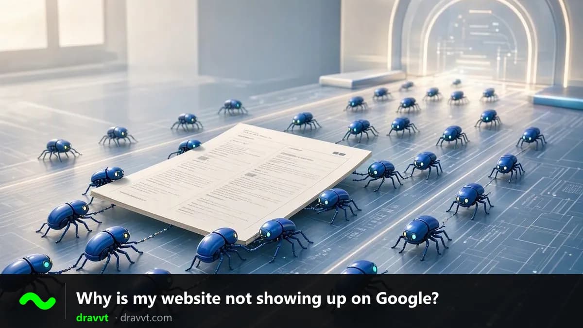 A swarm of small beetle-shaped robots carrying a web page, with the title “Why is my website not showing up on Google?” and the dravvt logo