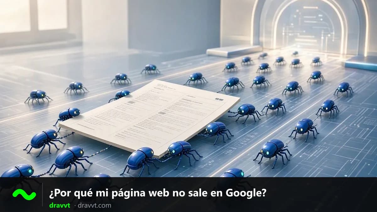 Muchos robots pequeños con forma de escarabajo llevan una página web, con el título «¿Por qué mi página web no sale en Google?» y el logo de dravvt
