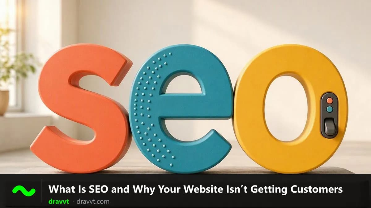 The big letters SEO in orange, blue and yellow on a stone base, with the title “What Is SEO and Why Your Website Isn’t Getting Customers” and the dravvt logo