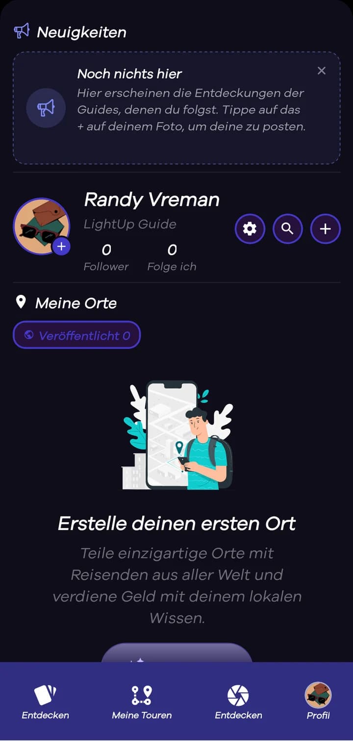 Öffne dein Profil und tippe auf „Beginnen“, um deinen ersten Ort anzulegen.