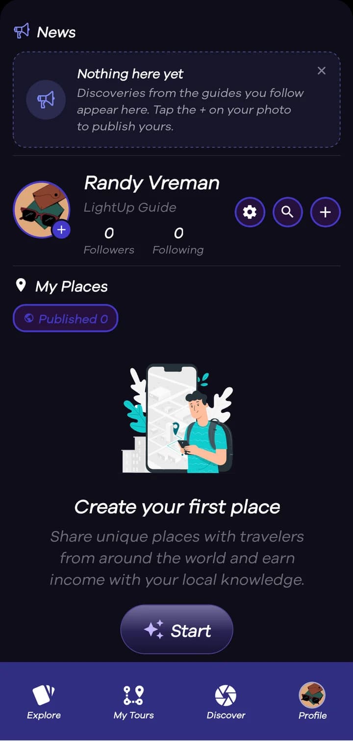 Open your profile and tap “Start” to create your first place.