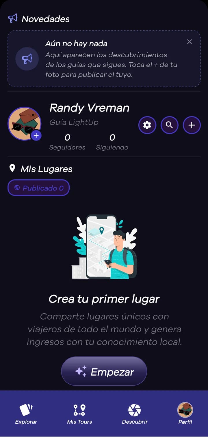 Entra a tu perfil y pulsa «Empezar» para crear tu primer lugar.
