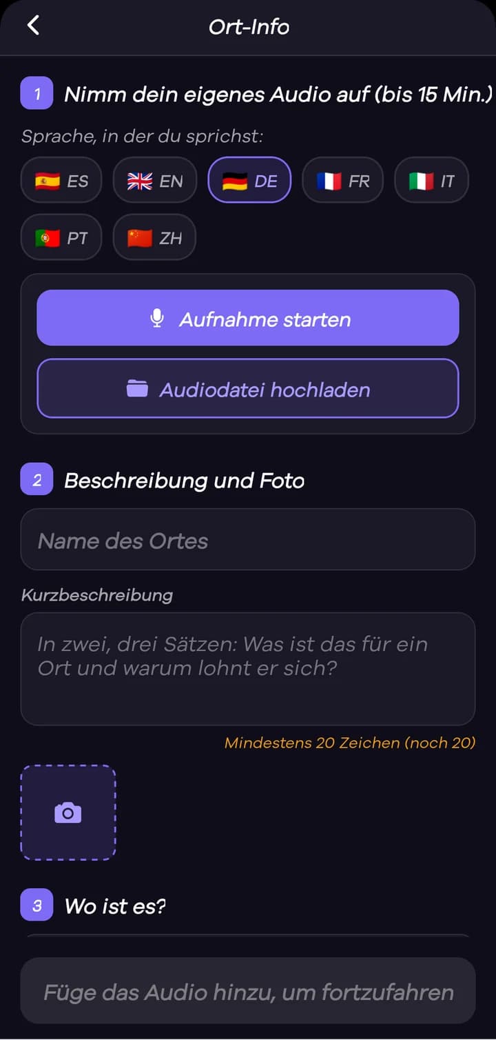Nimm deine Geschichte auf, bis zu 15 Minuten, oder lade eine Audiodatei hoch. Dann gib ihr einen Namen, eine kurze Beschreibung und ein Foto.