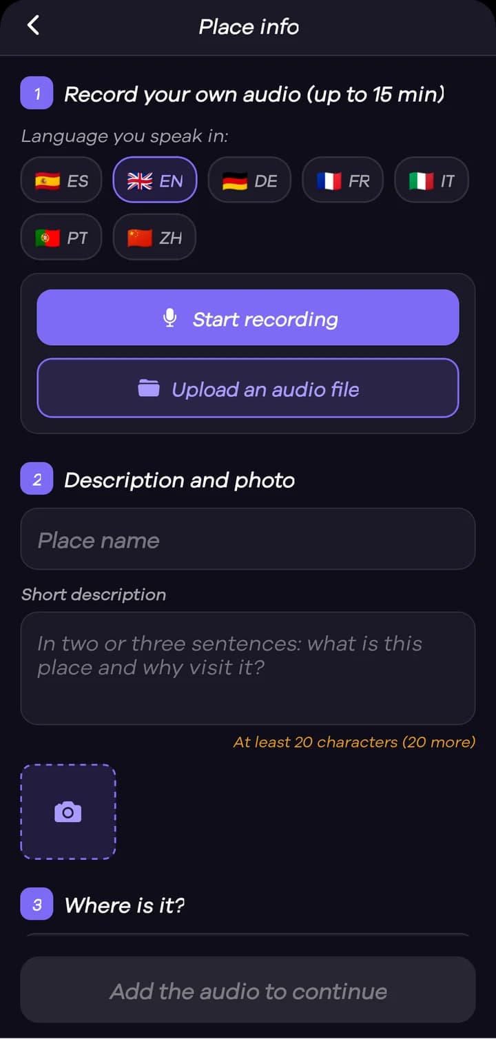 Record your story, up to 15 minutes, or upload an audio file. Then give it a name, a short description and a photo.
