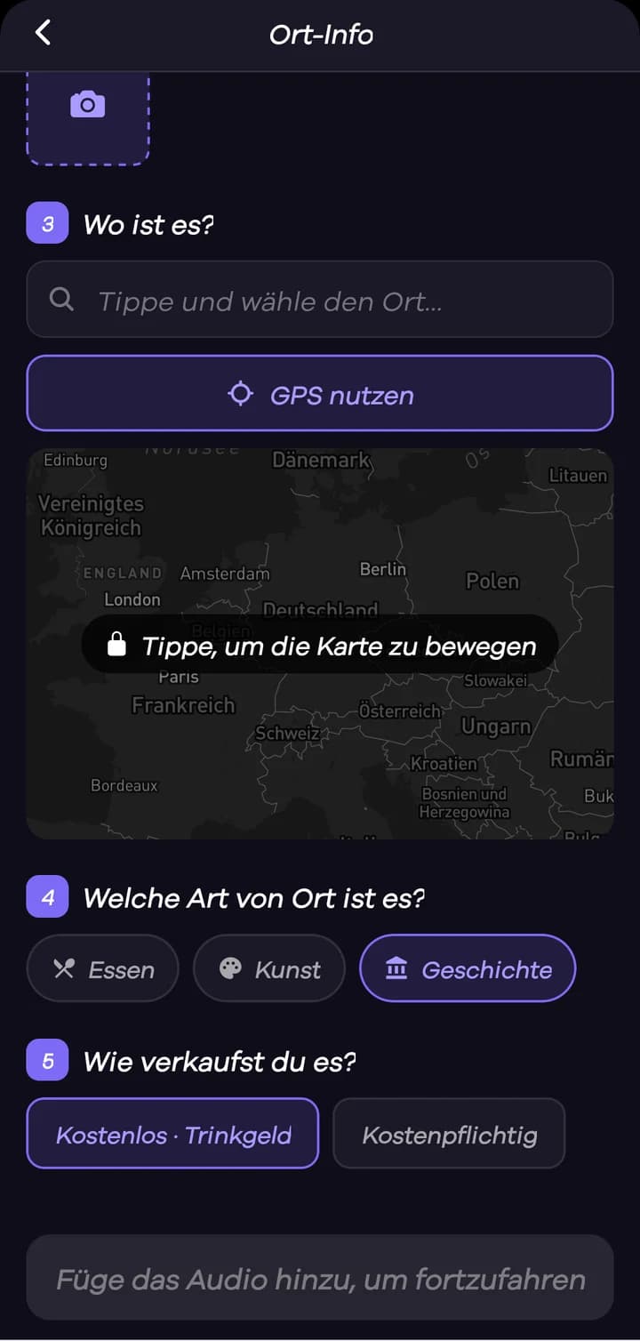 Markiere, wo er liegt, wähle, was für ein Ort es ist, und entscheide, ob er kostenlos mit Trinkgeld oder kostenpflichtig ist.