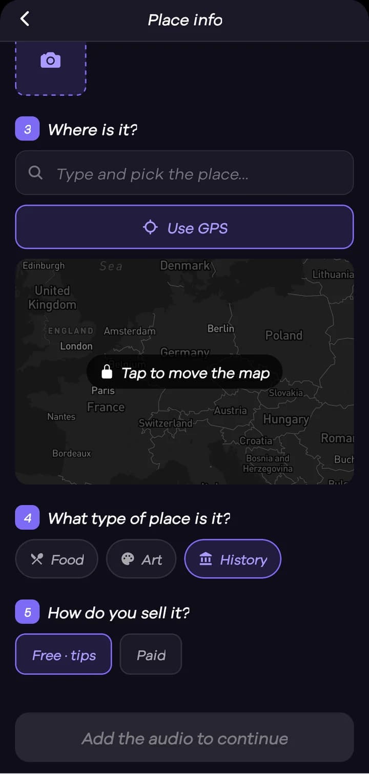 Mark where it is, choose what kind of place it is and decide whether it’s free with tips or paid.