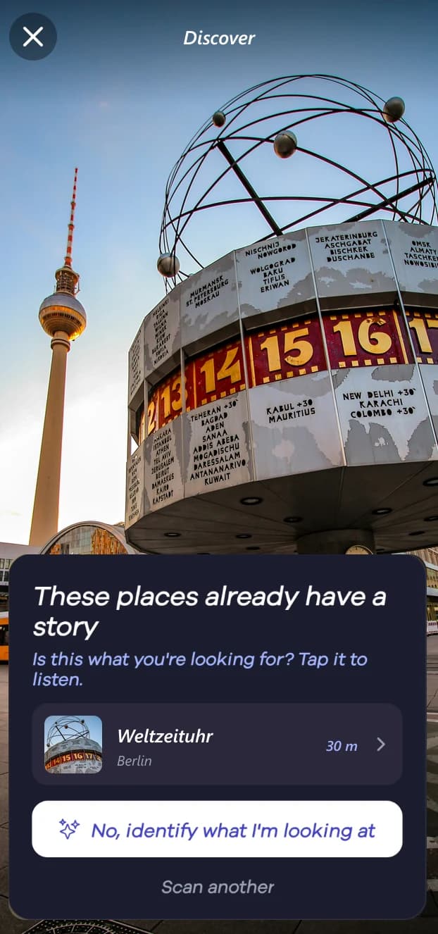 Discover in front of the World Clock at Alexanderplatz: the app shows that this place already has a story to listen to