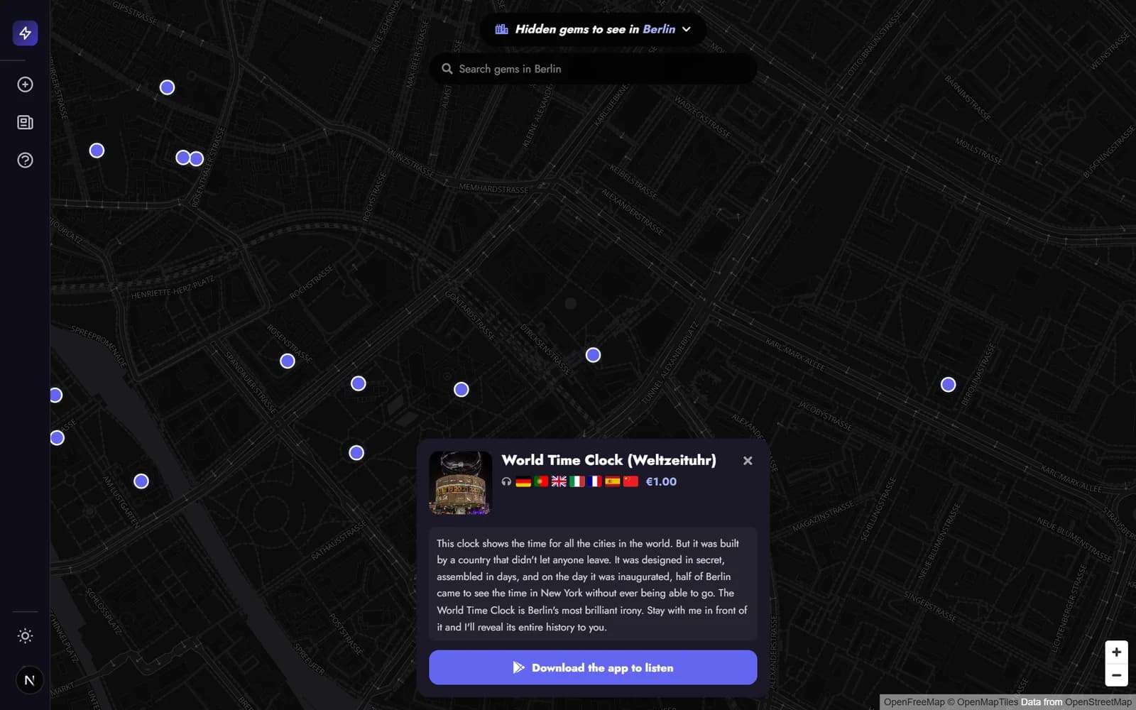 Die Karte von lightuptours.com in Berlin mit geöffneter Karte der Weltzeituhr