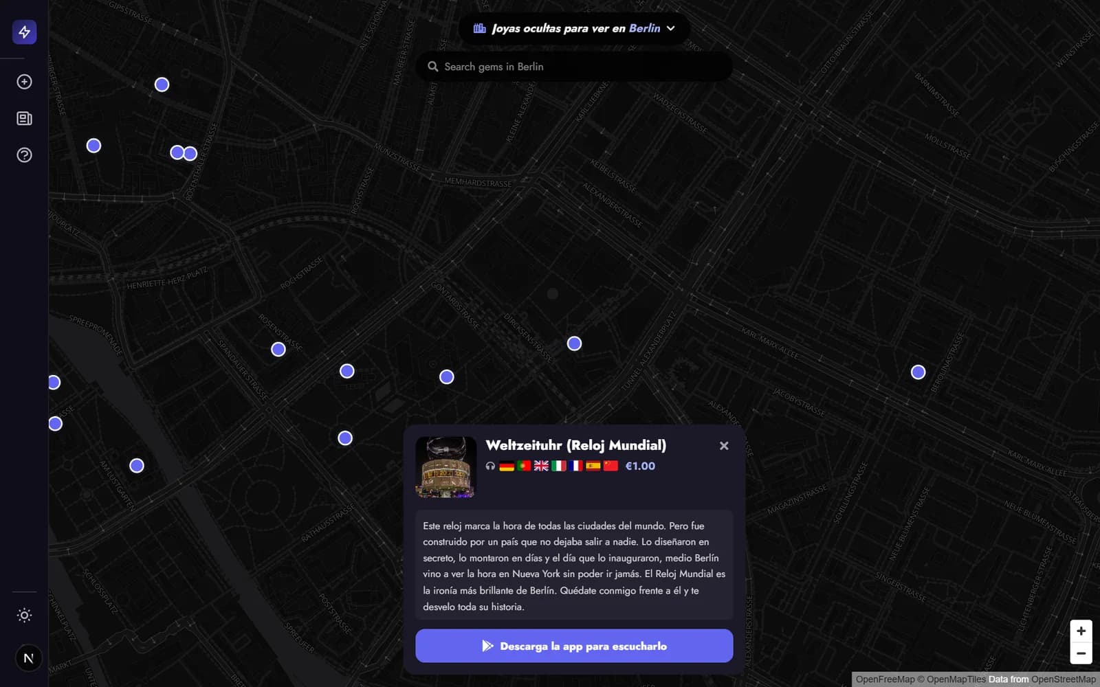 El mapa de lightuptours.com en Berlín, con la tarjeta del Reloj Mundial abierta