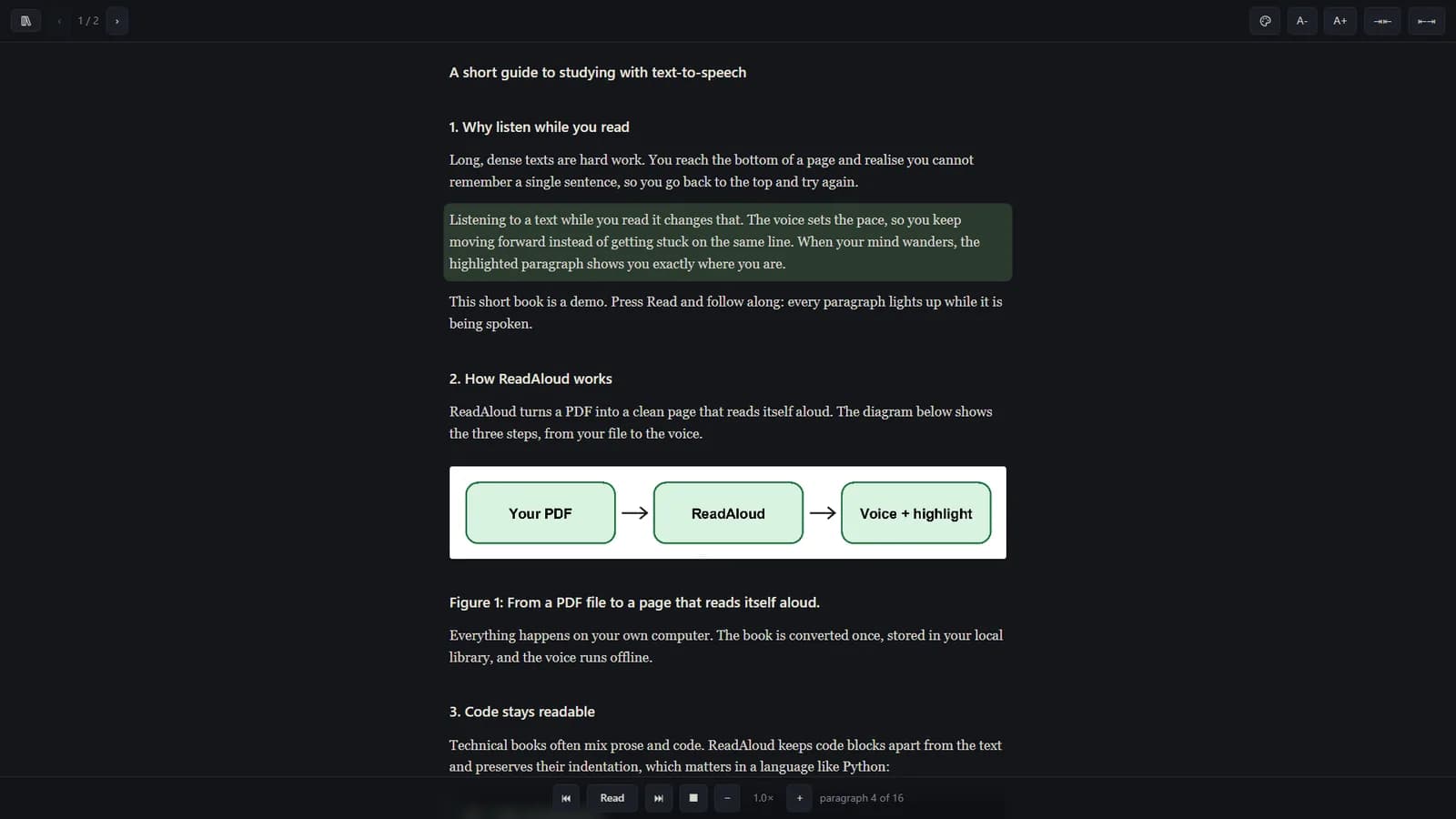 ReadAloud reading a PDF aloud on Windows, with the current paragraph highlighted