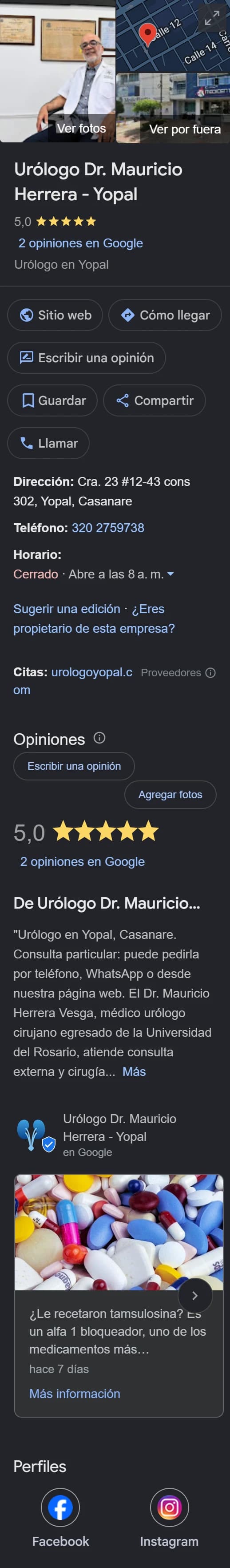 Ficha de Google del urólogo Dr. Mauricio Herrera en Yopal, con fotos, 5 estrellas, horario, descripción y publicaciones