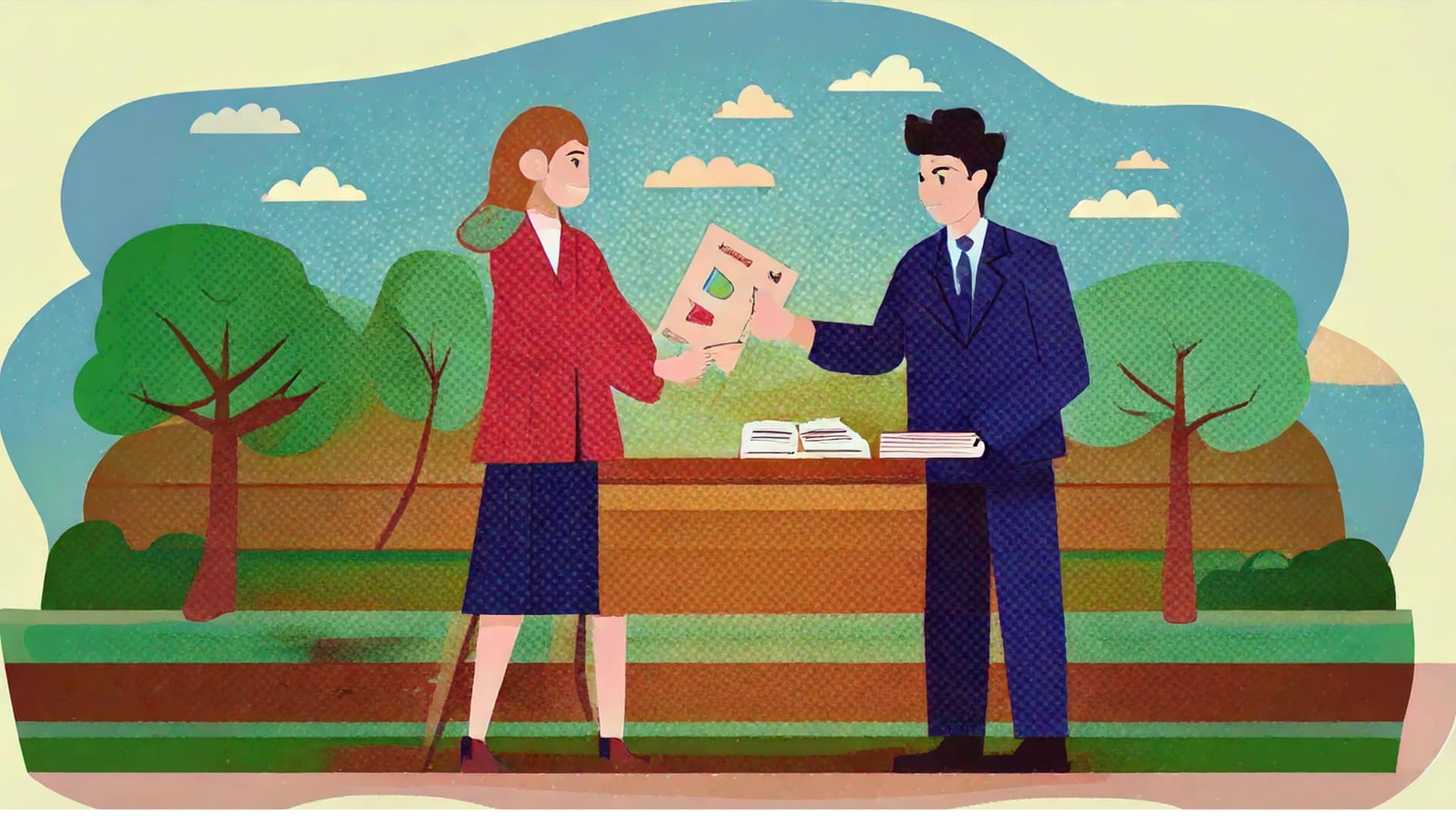 Two people exchanging something...