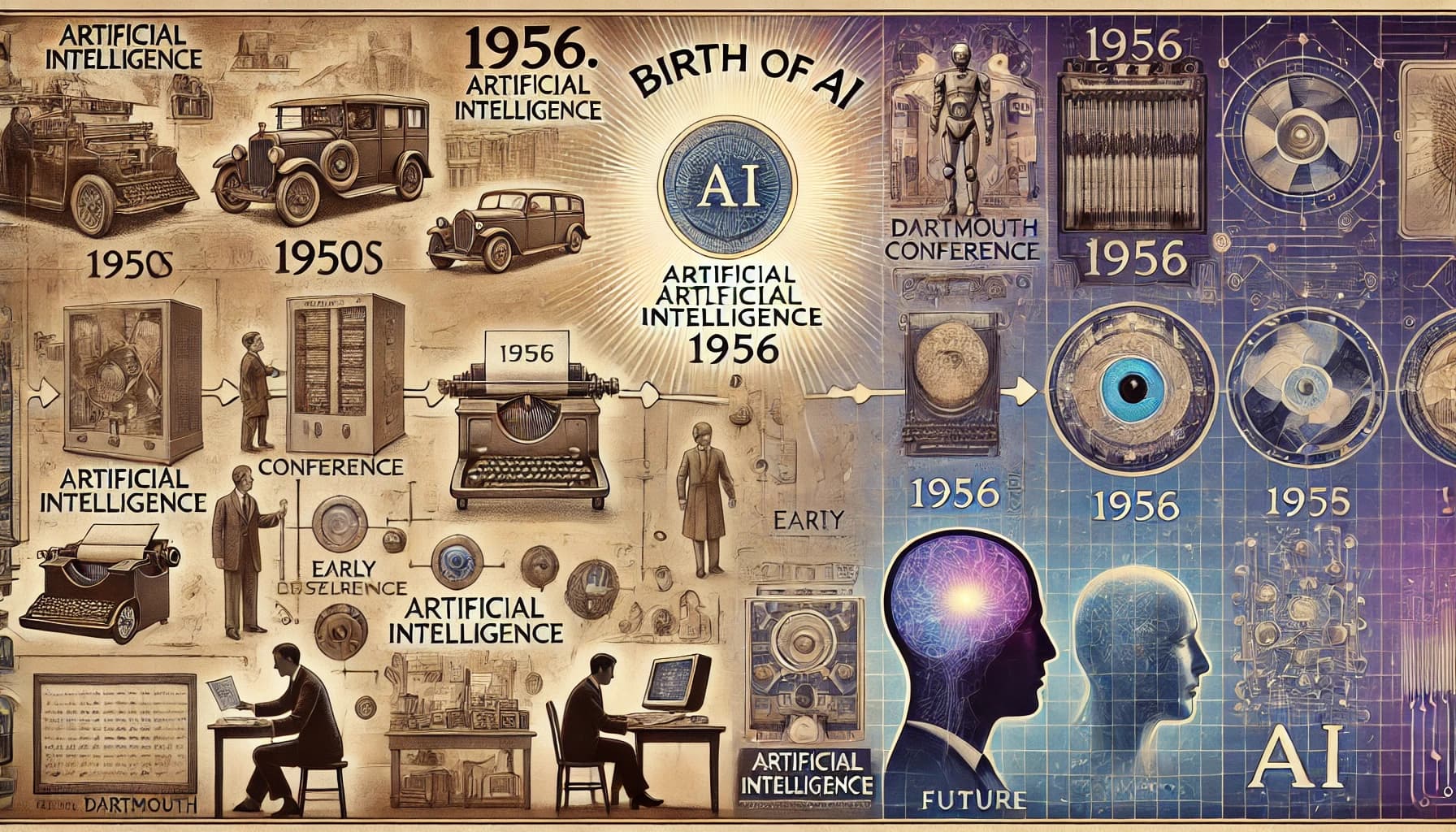 Illustration depicting the evolution of artificial intelligence over the years, showcasing key advancements in AI technology.