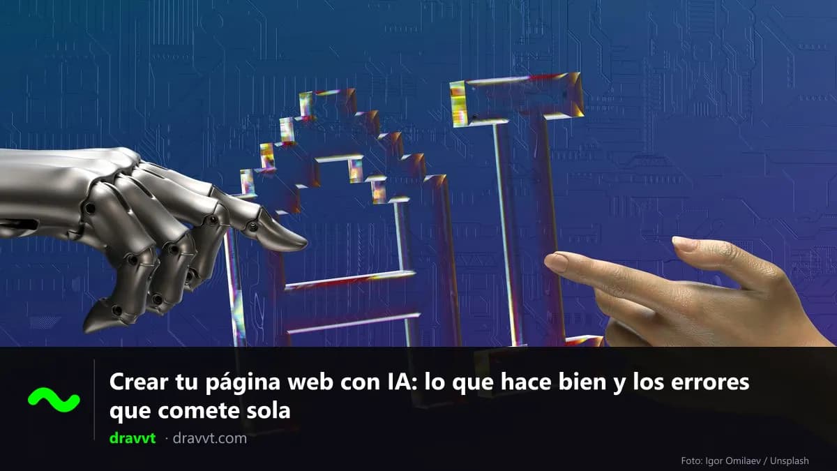 Una mano robótica y una mano humana a punto de tocar las letras «AI», con el título «Crear tu página web con IA: lo que hace bien y los errores que comete sola» y el logo de dravvt