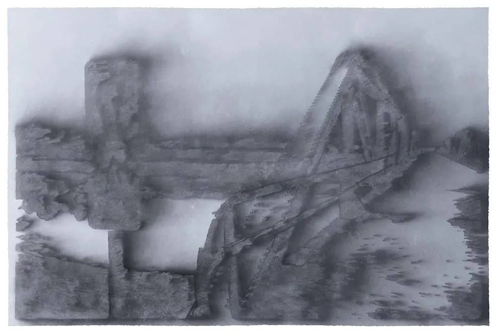 A black-and-white drawing by Nick Vaughan, featuring intricate linework exploring themes of identity and geography