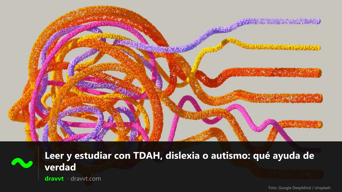 Una cabeza dibujada con hilos de colores enredados que salen por detrás convertidos en líneas ordenadas, con el título «Leer y estudiar con TDAH, dislexia o autismo: qué ayuda de verdad» y el logo de dravvt
