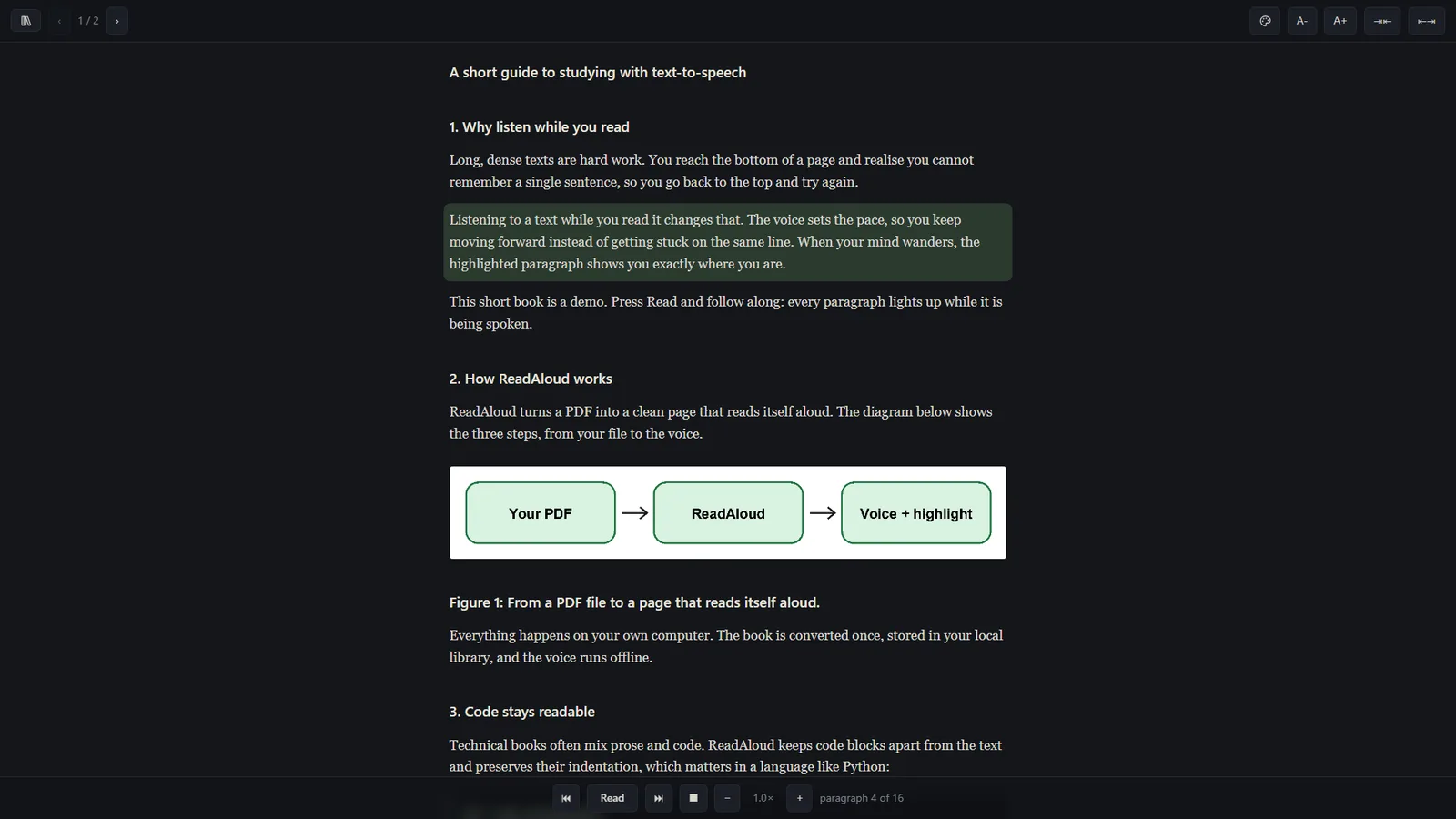 ReadAloud reading a PDF aloud on Windows, with the current paragraph highlighted