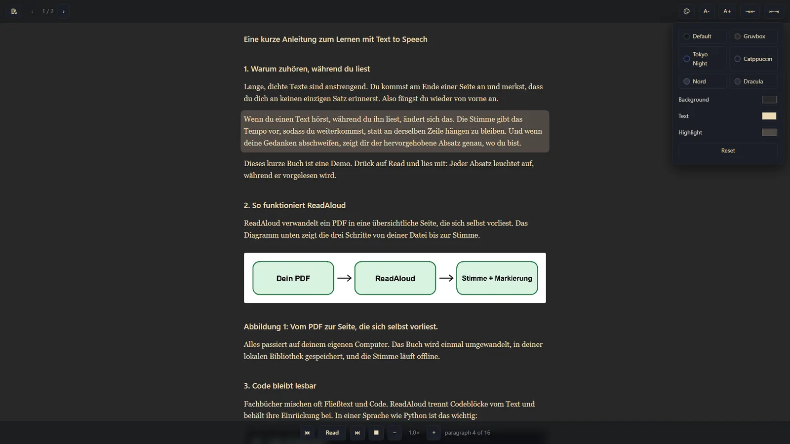 ReadAloud color theme panel (Gruvbox, Tokyo Night, Nord) for comfortable PDF reading