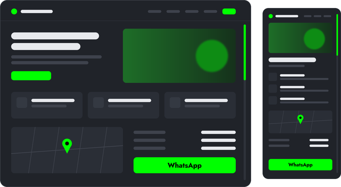 One-page small business website on desktop and phone: services, map, opening hours and a contact button